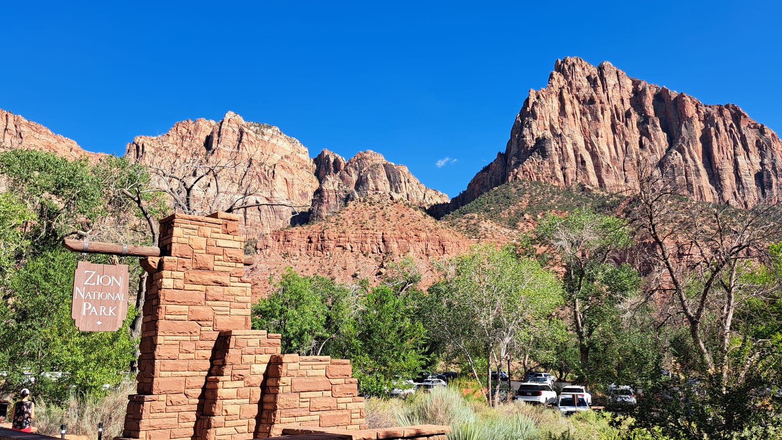 Zion National Park. The red sandstone walls at the park entrance.