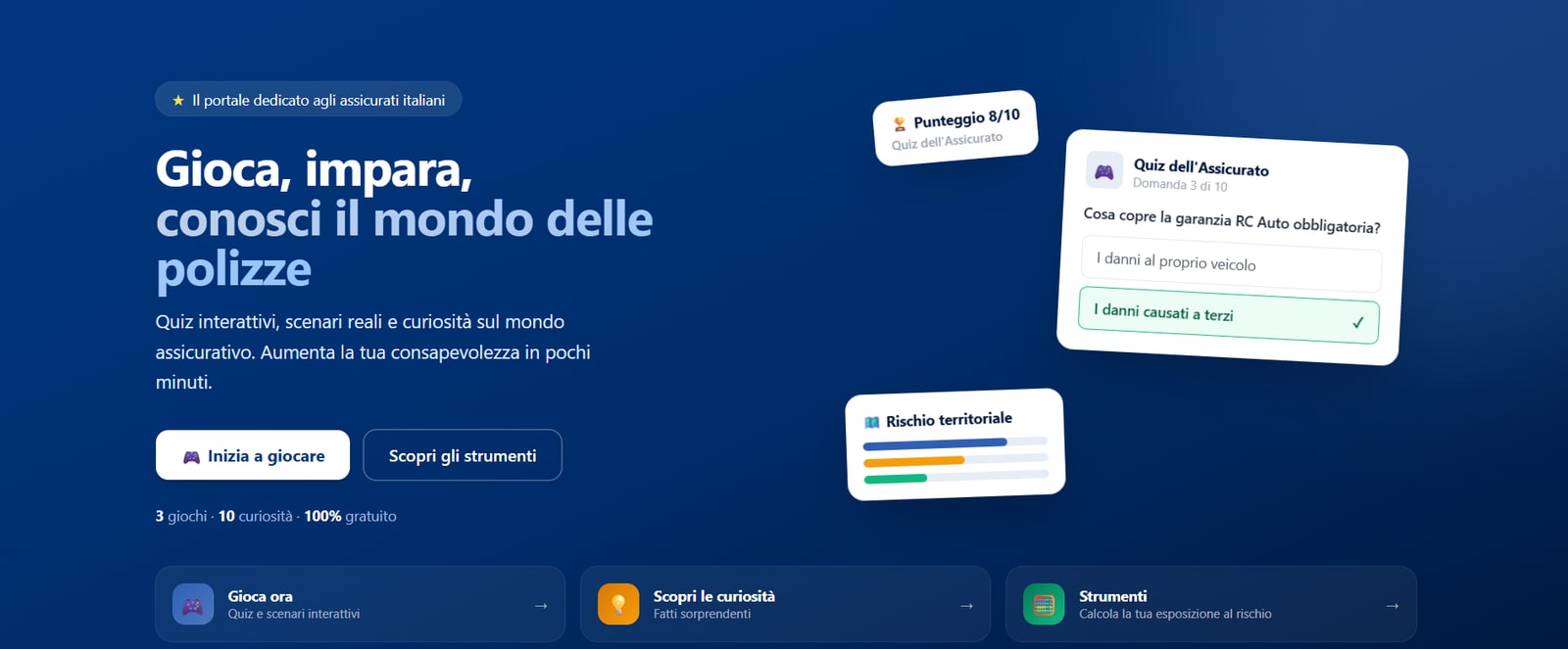 The Assicurantemente home page — interactive quizzes, real-life scenarios and tools about insurance.