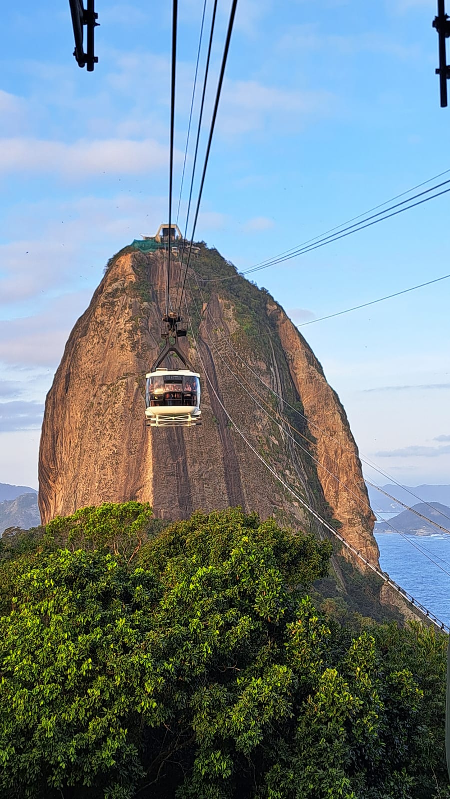 The cable car climbing toward the summit of Sugarloaf Mountain